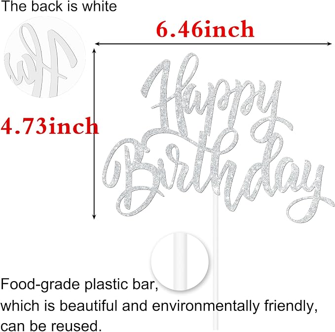 Happy Birthday Cake Decorations, Gold Double-Sided Glitter Letters, Birthday Party Supplies, Cake Topper Decorations (Silver)