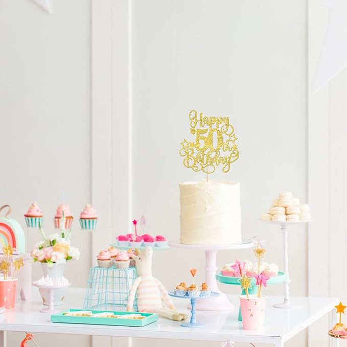 1 PCS Happy 50th Birthday Cake Topper Glitter Cheers to 50 Years Birthday Cake Pick Hello 50 Fabulous Cake Decoration for Happy 50th Birthday Anniversary Party Decorations Supplies Gold