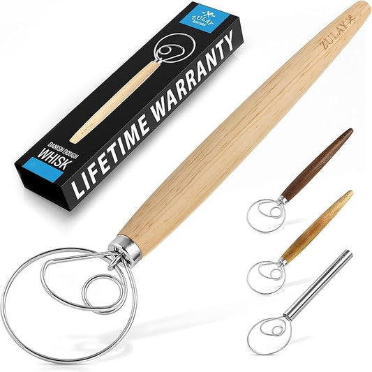 Zulay Kitchen 13-Inch Danish Dough Whisk - Stainless Steel Wooden Whisk with Dough Hook - Sourdough Whisk for Bread, Pizza, Pastry, Cake Batter & More - Wood