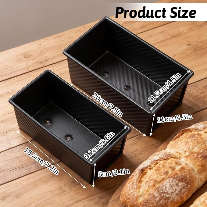 2 Pack Black Pullman Loaf Pan with Lid, Non-Stick Bread Pan for Sourdough, 2.2lb & 1lb Carbon Steel Corrugated Square Toast Tin, Carbon Steel Toast Box with Cover for Homemade Bread Sandwich