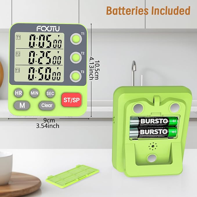 Digital Dual Triple Kitchen Timer, 3-Channel Magnetic Countdown Timer for Cooking, Large Display Stopwatch Multi Food Classroom Timer Loud Alarm for Seniors Teachers Battery Included (Green)