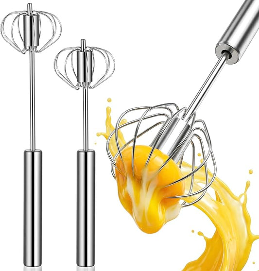 Li&Zhao Semi Automatic Whisk-2-Pack Stainless Steel Hand Push Rotary Egg Whisk and Manual Egg Beater for Blending Frothing Stirring Durable Metal Whisk for Kitchen Coffee Baking