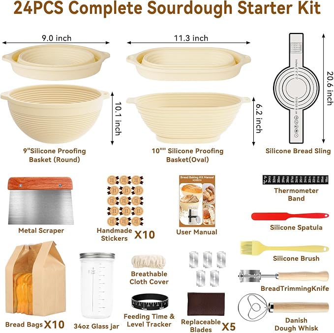 24 PCS Sourdough Starter Kit w/ 34oz Sourdough Starter Jar, Sourdough Bread Baking Supplies 9" Round & 10" Oval Silicone Banneton Bread Proofing (Yellow)