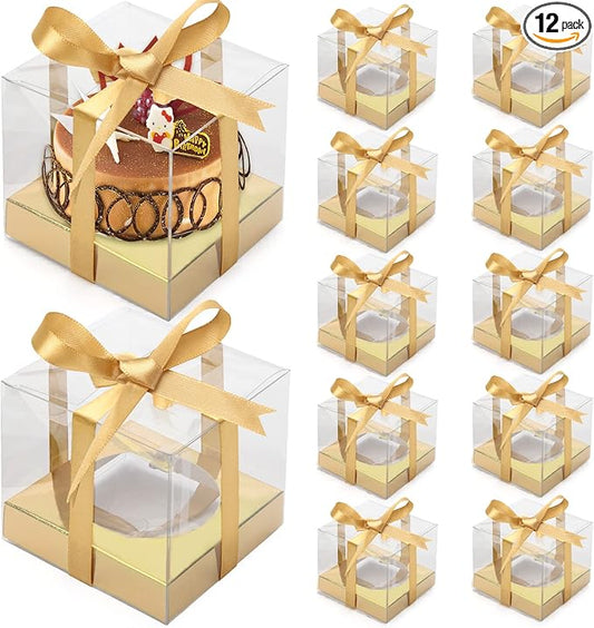 12 Pack Clear Plastic Cupcake Boxes, 3.5 Inch Gold Single Cupcake Containers Disposable Individual Cup Cake Carrier Holder Boxes with Inserts and Ribbon (Gold)