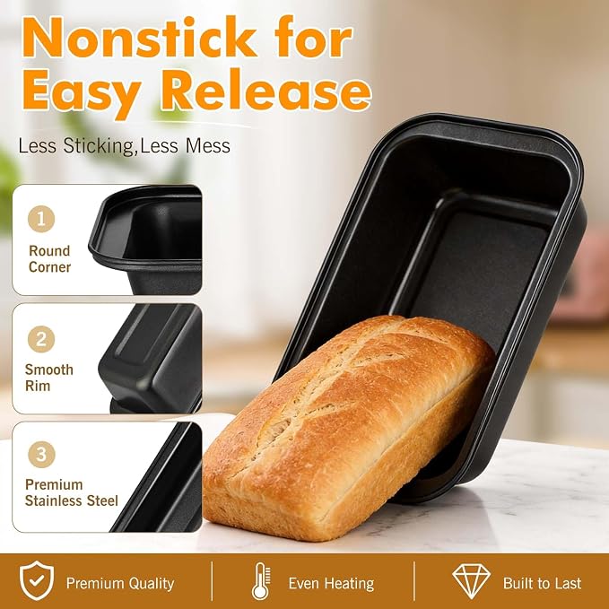 tchrules Loaf Pans 8×4 Inch Carbon Steel Bread Pan Nonstick Baking Set | |Even Heat Baking|Oven Safe 450°F|Easy Release Bake|PFOA Free Coating|Warp Resistant Steel|8 Pack Value (Black)