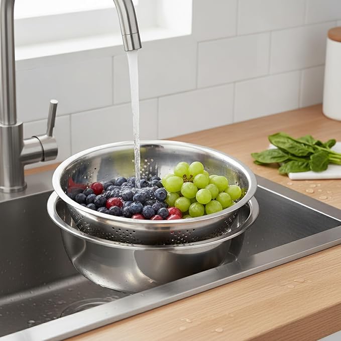 2-Piece Stainless Steel Nested Bowl Set, Deep Basin for Washing Veggies, Draining Pasta, and Food Prep (Silver)