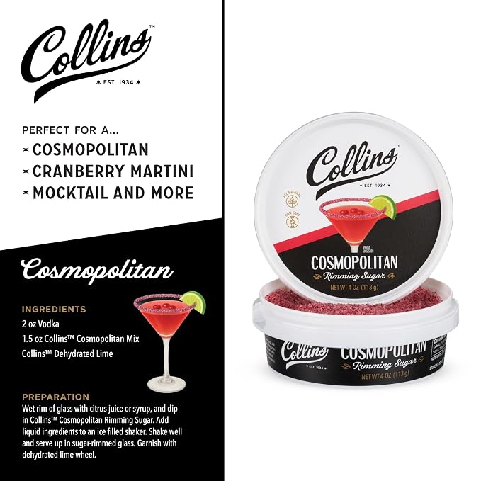 Collins Cosmopolitan Cocktail Sugar, Red Cranberry Flavored Rimming Sugar for Cosmos, Cranberry Martinis, Vodka Cranberry, Champagne Spritzers, 4 oz