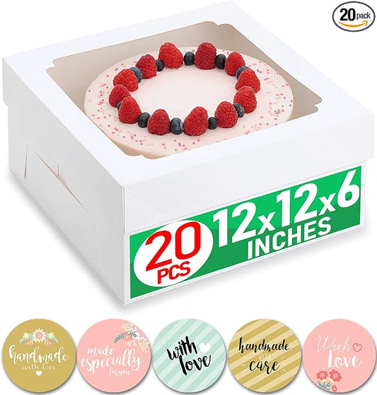 12x12x6 inch Cake Boxes 20 pcs, Large 12 inch Cake Box with Window for 6 Inch Tall Large Bakery Cakes, Pies, Sturdy Square White Cardboard, Cake Decorating Supplies (80 Pcs Stickers)