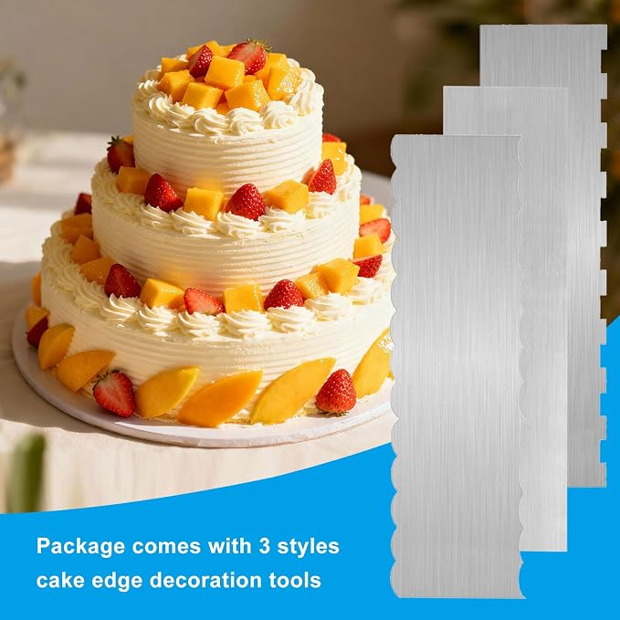 8.7 Inch Stainless Steel Cake Scraper, Double Sided Patterned Edge Stripe Edge Smoother Scraper Cake Decorating for Mousse Butter Cream, 3 Pieces
