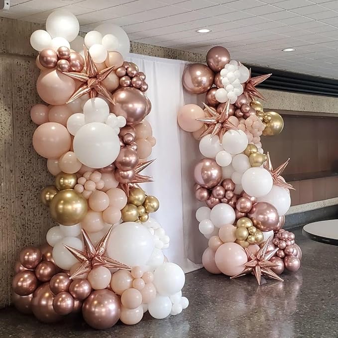 Rose Gold Balloons Arch Kit, 140Pcs Metalic Rose Gold Metallic Gold White Pink with Confetti Balloons for Bridal Shower Baby Shower Bachelorette Birthday Wedding Girl Anniversary Decorations