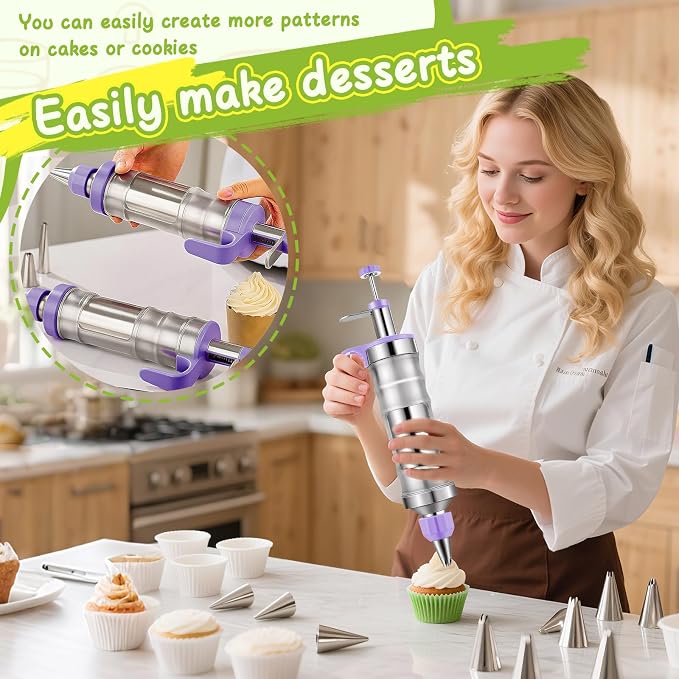 NOVANO Dessert Decorating Syringe Set, Frosting Piping Kit | Stainless Steel, 54 Piping Tips, 9 Silicone Cupcakes, Cake Decorating Kit, Cupcake Decorating Kit