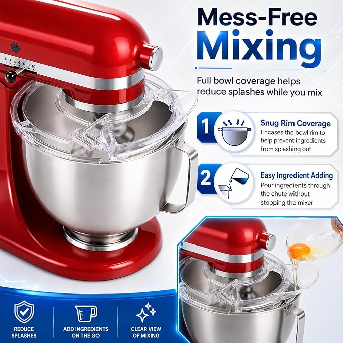 Stainless Steel Pouring Chute with Splash Guard Bowl Lid Combo, Replacement Accessories Fit KitchenAid 4.5-5 Quart Tilt Head Stand Mixer,Anti-Spill Bowl Cover & No-Mess Pour Guide Mixer Attachments