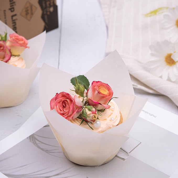 Bake Choice Nordic Paper 100pcs Extra Large Size White Tulip Cupcake Liners for Baking Cups EU Parchment paper Tulip Muffin Liners, Jumbo Cupcake Wrapper for Party, Christmas