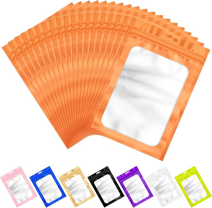 ANZNKU 100 Pack Orange Resealable Mylar Bags with Frosted Clear Window 2.75x3.93", Smell Proof Sealable Packaging Bags for Small Business, Foil Pouch Zip Goodie Bag for Candy Treat Jewelry
