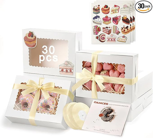 OAMCEG 30 Pack Cookie Boxes with Window, 8x6x2.5 Inch Bakery Treat Boxes for Christmas Holiday Gift Giving, Desserts, Donuts, Pastries-White