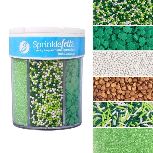 Sweets Indeed St Patricks Day 6 Cell Sprinkles Jar – Green Shamrock Quins, Green and Gold Sugar, Circle Quins and Nonpareils for Baking & Decorating Cupcakes, Cookies, Cakes & Desserts – 6.45 ounces