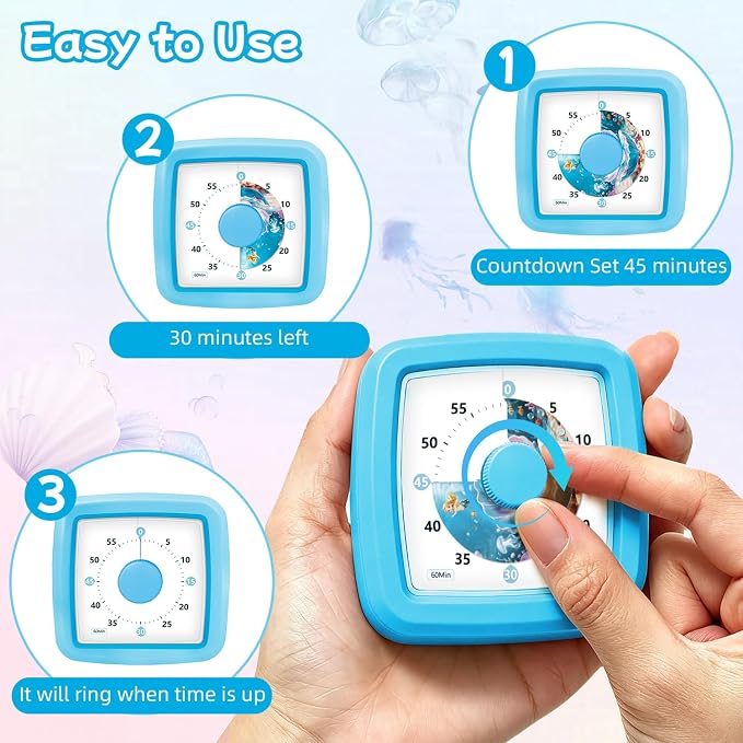 Visual Timer for Kids 60 Minute, Silent Countdown Clock with Ocean & Mermaid Design, ADHD Tools for Kids, Teacher Classroom Must Haves, Toddler Timer for Classroom Home Kitchen Homework, Blue