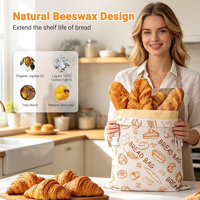 2 Pack Beeswax Bread Bags for Sourdough, Senbowe Reusable Cotton Bread Bags for Storage XL 17x13 Inch, Large Linen Storage Bags with Zipper for Homemade Cooks Sourdough - Keep Fresh, Freezer Safe