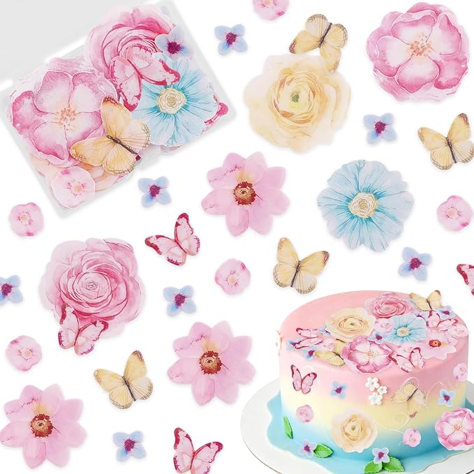 Morofme 52pcs Edible Flower Cake Topper Wafer Paper Flowers Hawaiian Flower Cupcake Decor Spring Aloha Cupcake Decorations Tropical Themed Mixed Size for Baby Shower Birthday Summer Party Supplies