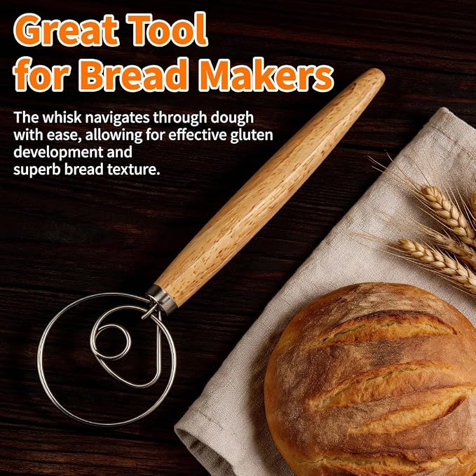 Polly Online Dough Whisk,Wooden Handle Danish Sourdough Whisk with Stainless Steel Dough Hook for Bread, Pastry or Pizza Dough 13 Inch 1-PACK