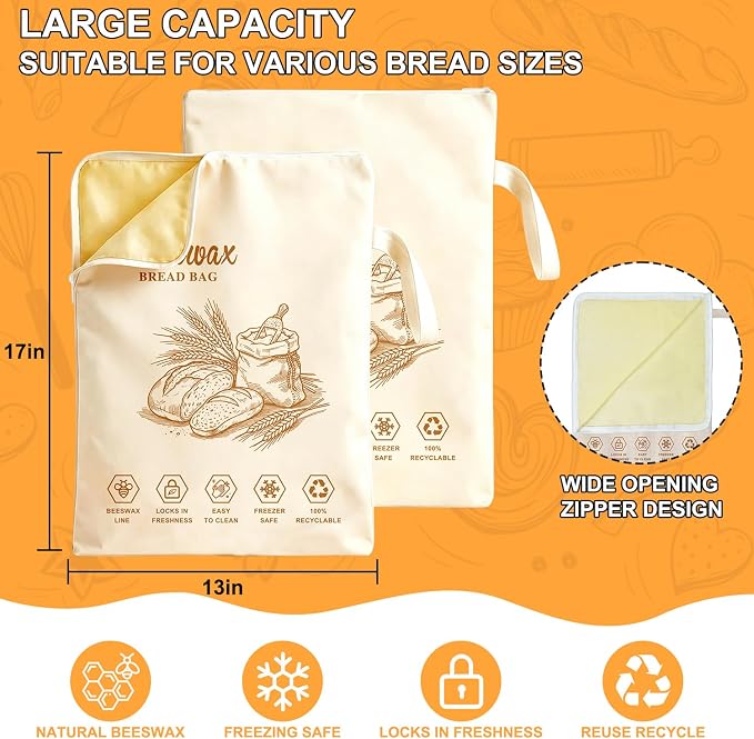 New 2 Pack Zipper Reusable Beeswax Bread Bags for Sourdough 13"x17" | Breathable BeesWax Bread Bag with Zipper, Freezer Safe Beeswax Bags for Bread, Homemade Bread Storage