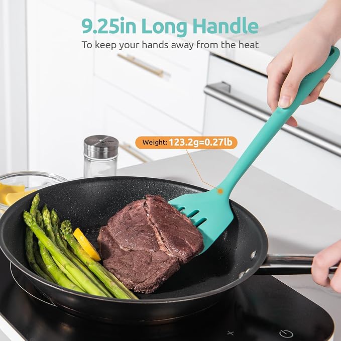 U-Taste 600ºF Heat Resistant Silicone Turners: 13.6in Long Solid & Slotted Kitchen Spatula Flipper, Wide and Large Flexible Cooking Utensil for Flipping Egg, Pancake, Cookie (Aqua Sky, 2PCS)