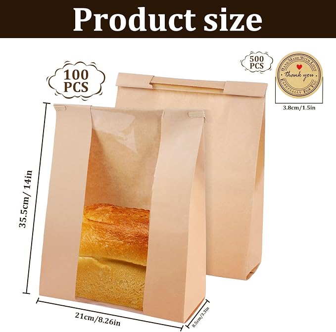 100 Pcs Bread Bags for Homemade Bread Sourdough Bags Paper Kraft with Window 14" x 8.3" x 3.5" with Tin Strip and 500 Pcs Seal Stickers for Cookies Coffee Beans and Bakery
