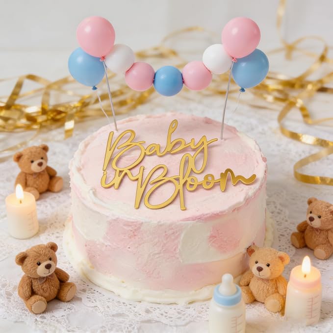 Baby in bloom Cake Topper,Gold Mirror Acrylic Baby shower cake sign Decorations,Gender Reveal Cake Decoration/Pregnancy Announcement/Baby Shower/Birth Announcement/Custom Baby Cake Topper