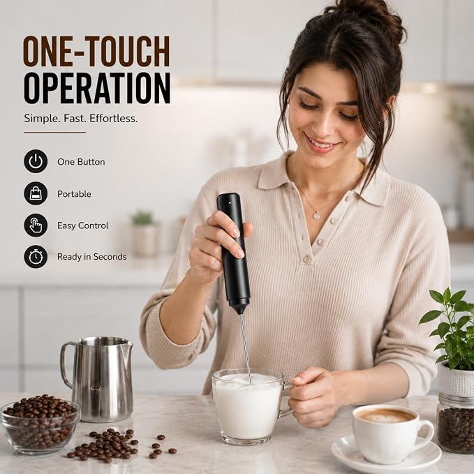 Rechargeable Milk Frother Handheld, Portable Hand Mixer Frother Wand Drink Mixer for Coffee, Latte, Matcha, Cappuccino, Frappe with cover kitchen gifts (Matte Black)