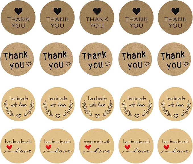 2000 Pcs Handmade with Love Stickers 1‘’ Thank You Stickers Kraft Paper Sticker Label for Homemade Goods, Envelopes, Party Deco, Bakery