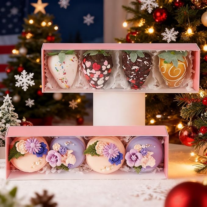 TEMLQPACK Bakery Packaging Supplies: 12Pack Pink Chocolate Covered Strawberry Box for 4, Macaron Boxes, Long Treat Box for Truffles, Cookies, Ores, Chocolate Cocoa Bombs & Cake Ball