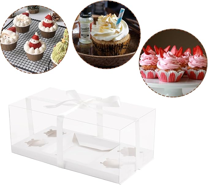 3Pcs Bento Cake Box and Cupcake 1+4 Combination Clear Window Bento Boxes, 6 Holes Bento Vake Box Suitable for 4 Regular Cupcakes and Mini Cakes