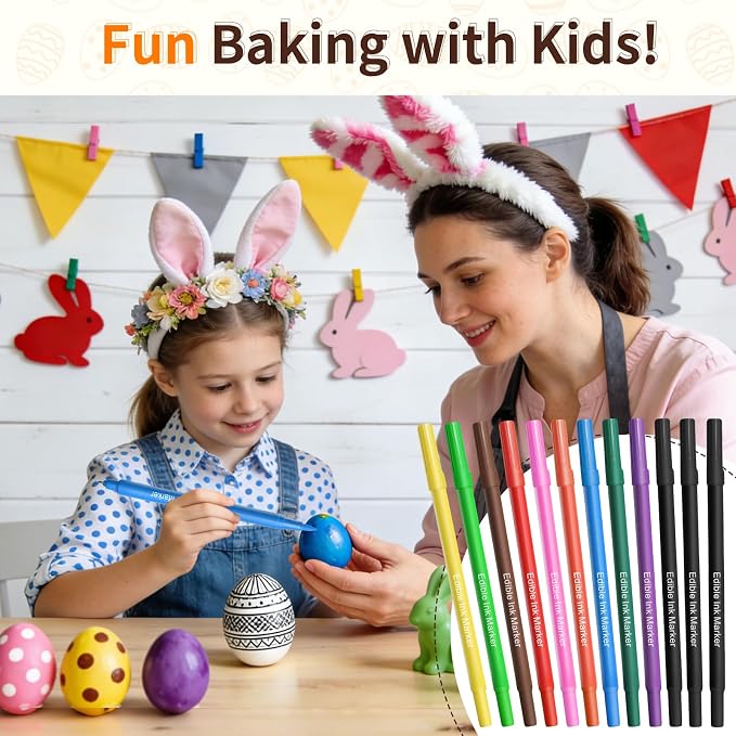 Food Coloring Pens - 12PCS Double Sided Edible Markers with Fine & Thick Tips, Food Grade Gourmet Writer Pens for Fondant, Cakes, Cookies, Frosting, Easter Eggs & Macaron Decorating