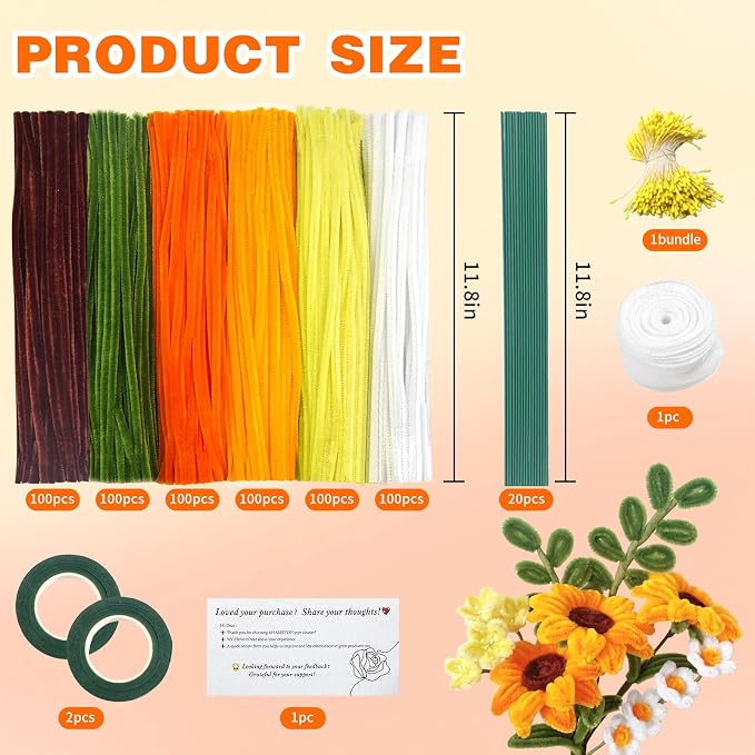 AHAMETON 620Pcs Sunflower Pipe Cleaner Flower Kit, 6 Colors Bulk Pipe Cleaners Craft Supplies with Wires, Stamens, Ribbon, Tape, Card, DIY Flower Making for Gifts Party Home Decoration, School Crafts