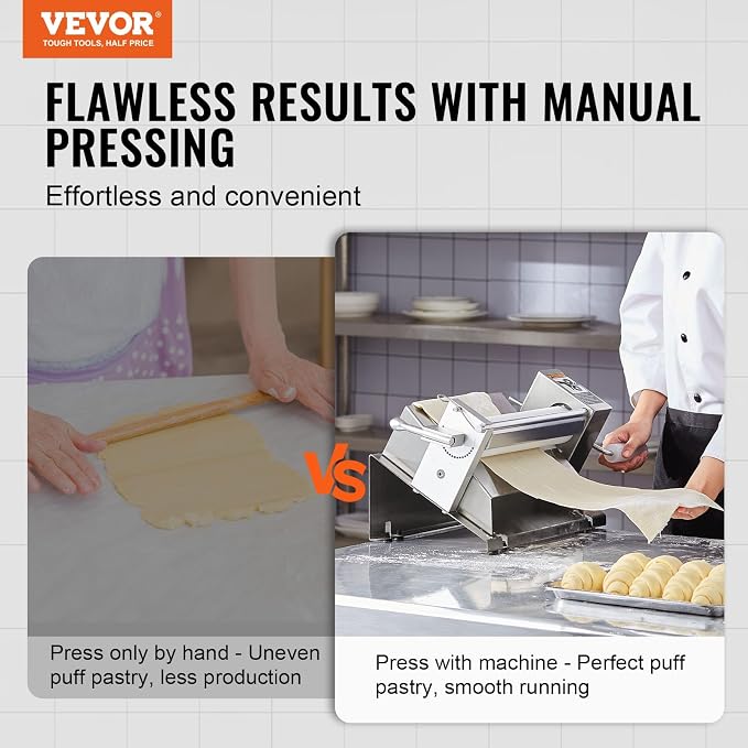 VEVOR Manual Dough Sheeter Machine, Puff Pastry Sheeter and Fondant Roller, Removable Handle, Panel, Roller for Easy Cleaning, Max 1/2 inch Adjustable Thickness, for Home or Small Commercial Kitchens