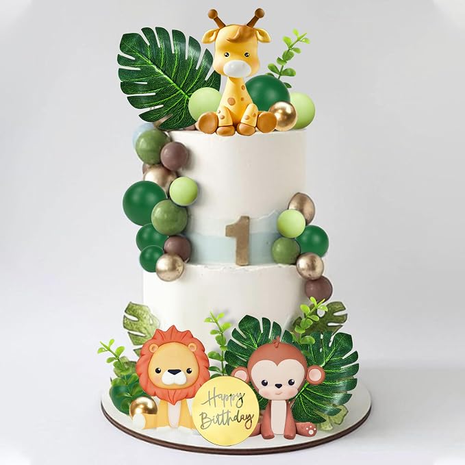 Jungle Safari Animal Cake Topper with Colourful Balls Plam Leaves Cake Decoration for Wild Theme Birthday Supplies (STYLE 3)