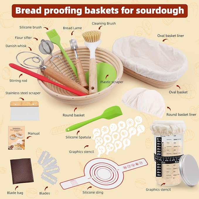 Bread proofing baskets for sourdough 19-Piece Set ，9" Round & 10" Oval Sourdough basket，Sour dough tools，Including bread pull ring, dough mixer,Complete Sour dough starter kit