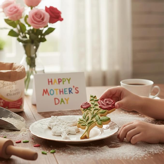 Birth Flower Cookie Cutter June Rose 3D Embosser Stamp with Detailed Petal Texture - Birth Month Flower Fondant Biscuit Baking Tools - Personalized Birthday Mom Gift Party Decorating 3.5"