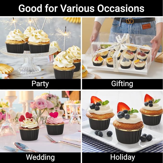 EUSOAR Foil Cupcake Liners, 3.5oz 50pcs Black Gold Disposable Mini Muffin Liners, Individual Aluminum Dessert Pudding Ramekin Cupcake Baking Cups Containers Tin for Wedding Birthday Bakery Party