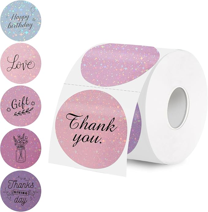 2''Holographic Thermal Label,Round Self-Adhesive Direct Thermal Label,for DIY Logo Design,Name Tag (300/Roll Pink Gradient)