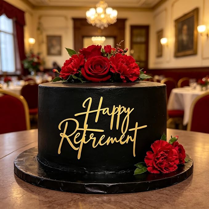 Happy Retirement Cake Topper, Gold Acrylic Officially Retired Cake Topper Cake Charm Decor, No Work Zone, Retirement Theme Party Cake Decoration Supplies for Women or Men, 5.1x4.0 Inches