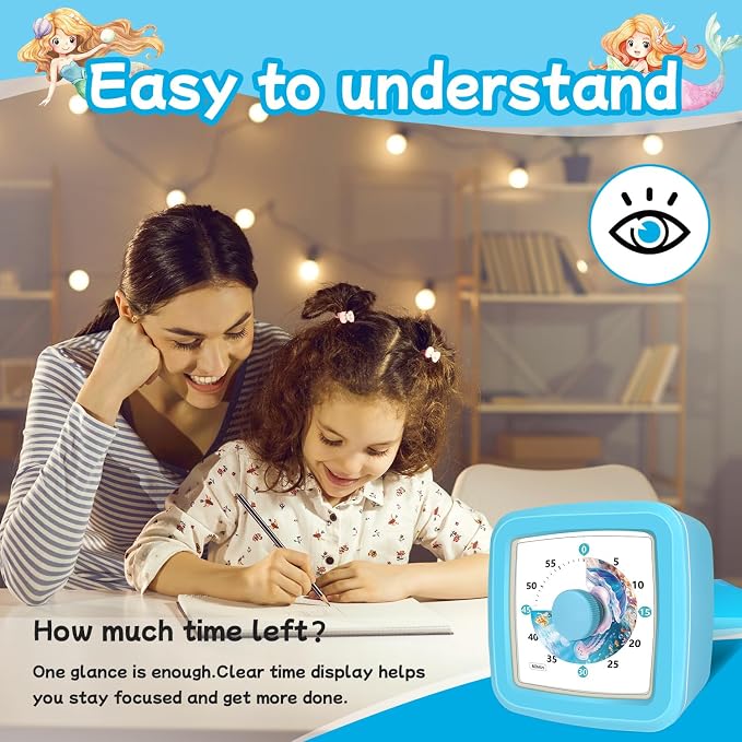 Visual Timer for Kids 60 Minute, Silent Countdown Clock with Ocean & Mermaid Design, ADHD Tools for Kids, Teacher Classroom Must Haves, Toddler Timer for Classroom Home Kitchen Homework, Blue
