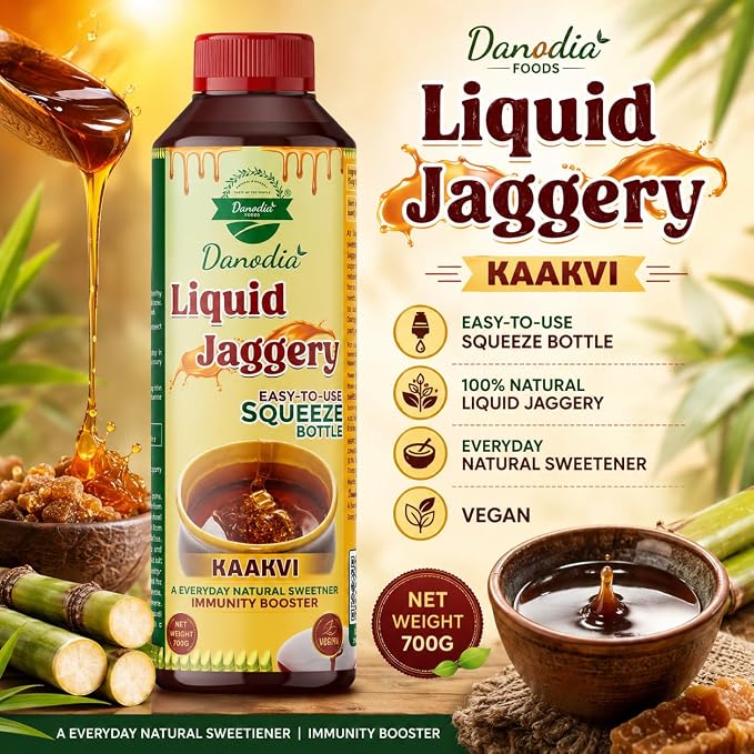 Danodia Foods Organic Liquid Jaggery Syrup, Gur Sweetener, 700g, Gur Cane | Pourable sugarcane sweetener for tea, coffee, baking, desserts, sauces, cooking and daily recipes; no preservatives used