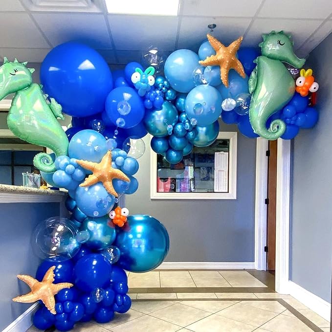 NISOCY 124Pcs Blue Balloons Garland Arch Kit, 18In 12In 10In 5In Baby Light Blue Royal Blue Metallic Blue Balloons for Baby Shower Birthday Baseball Nautical 4th of July Independence Party Decorations