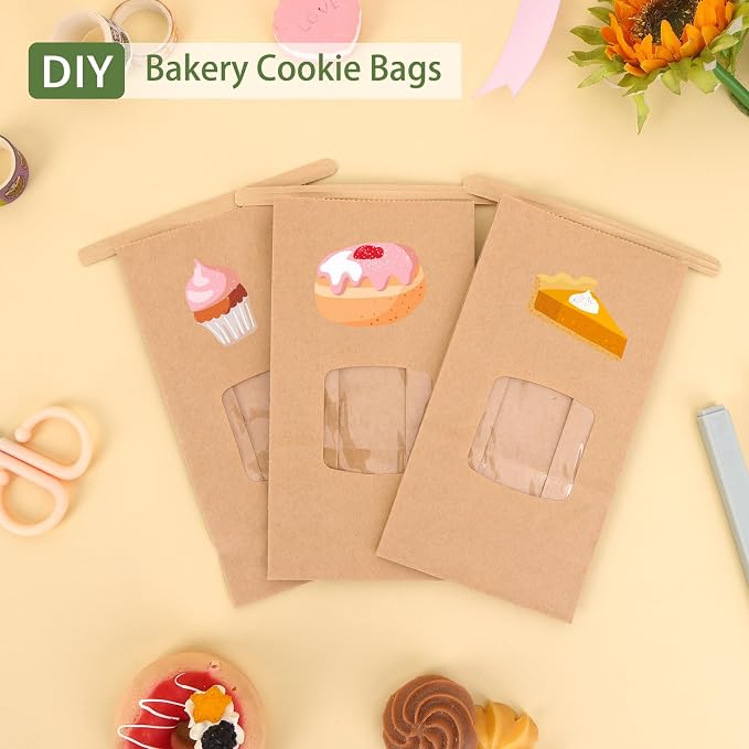 Moretoes Small Cookie Bags with Seal, 55pcs 3.54x2.32x6.69in, Seal by Tin Tie Tab, Brown Kraft Paper Small Bakery Bags with Window for Cookie Coffee Bread Pastry Treat Bakery Gift Giving Packing