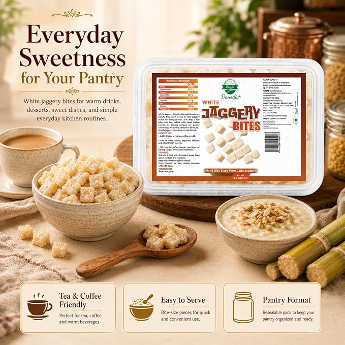 Danodia Foods Organic White Jaggery Bites, Cane Gur Sweetener, 1 lb Pack | Jaggery gur sweetener for chai, coffee, baking, desserts and recipes; Gluten-Free, No Additives, Vegan; everyday recipes