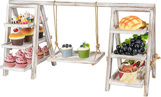 Flenpptly Wooden Cupcake Stand, 3 Tier Cupcake Display Stand for Dessert Display, Dessert Stands with Serving Tray and Foldable Stand for Party, Birthday, Wedding, Events, Baby Shower (White)