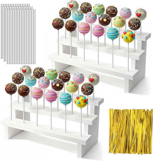 2Pcs Wood Cake Pop Stand 3 Tier Wood Lollipop Holder 17 Hole Sucker Display Riser with Lollipop Sticks & Gold Twist Ties for Dessert Table of Wedding Baby Shower Birthday Party