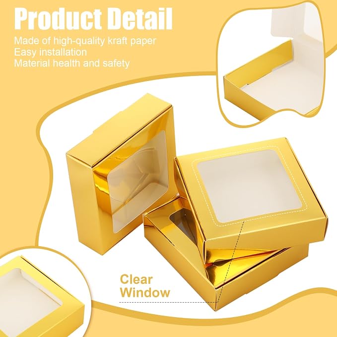 Zonon 30 Pcs Kraft Paper Boxes with Window 4.13 x 4.13 x 1.18 Inch Candy Packaging, Small Gift Boxes, Soap holder, Mini Treat Packaging for Bakery Chocolate Jewelry Display (Gold)