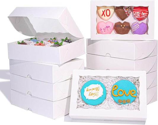 25 Pcs 8"x6"x2.5"White Cookie Boxes with Window, Gift-Ready Pastry Box for Chocolate Strawberries, Macarons, Truffles, Perfect for Valentine's Day, Mother's Day, Christmas Party Favors